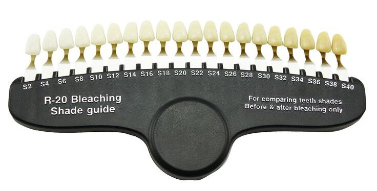 Dental teeth whitening shade guide used for smile makeover and color selection during professional teeth whitening in Gwalior